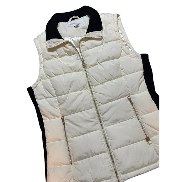 Calvin Klein Puffer Vest Ivory Zip Up Womens M Black Collar - Picture 4 of 12